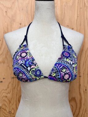 Athleta Paisley Floral String Triangle Bikini Top Blue Purple Neon M